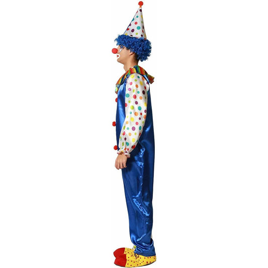 En person i profil, klädd i en rolig clowndräkt med en blå och en prickig sida, blått hår och en spetsig hatt.