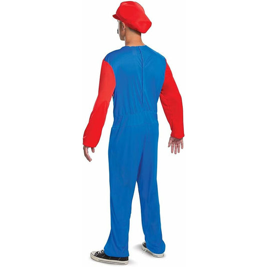 Ryggen av en man i en komplett och officiell Mario-dräkt, med blå hängselbyxor, röd tröja och en röd keps, man ser den kardborrade ryggen där man går in i jumpsuiten.