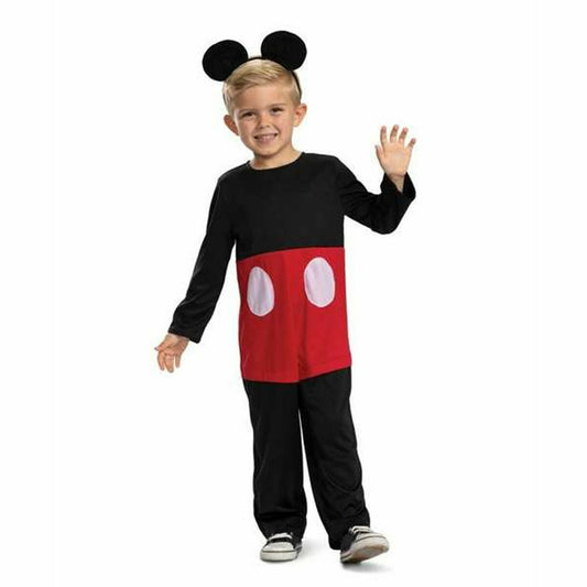 En glad pojke vinkar och bär en Klassisk Musse Pigg Barndräkt, med en jumpsuit och ett diadem med musöron.