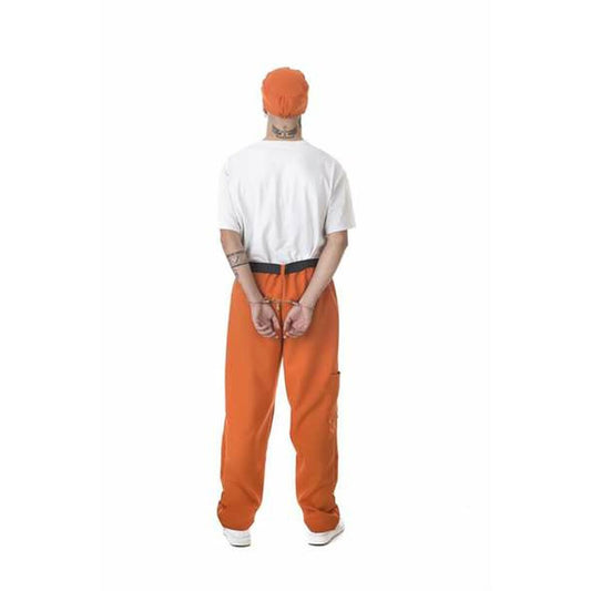 Baksidan av en man som bär en orange fångdräkt för vuxna med händerna i handklovar bakom ryggen.