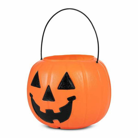 Den klassiska orangea pumpa-hinken fotograferad rakt framifrån mot en vit bakgrund.
