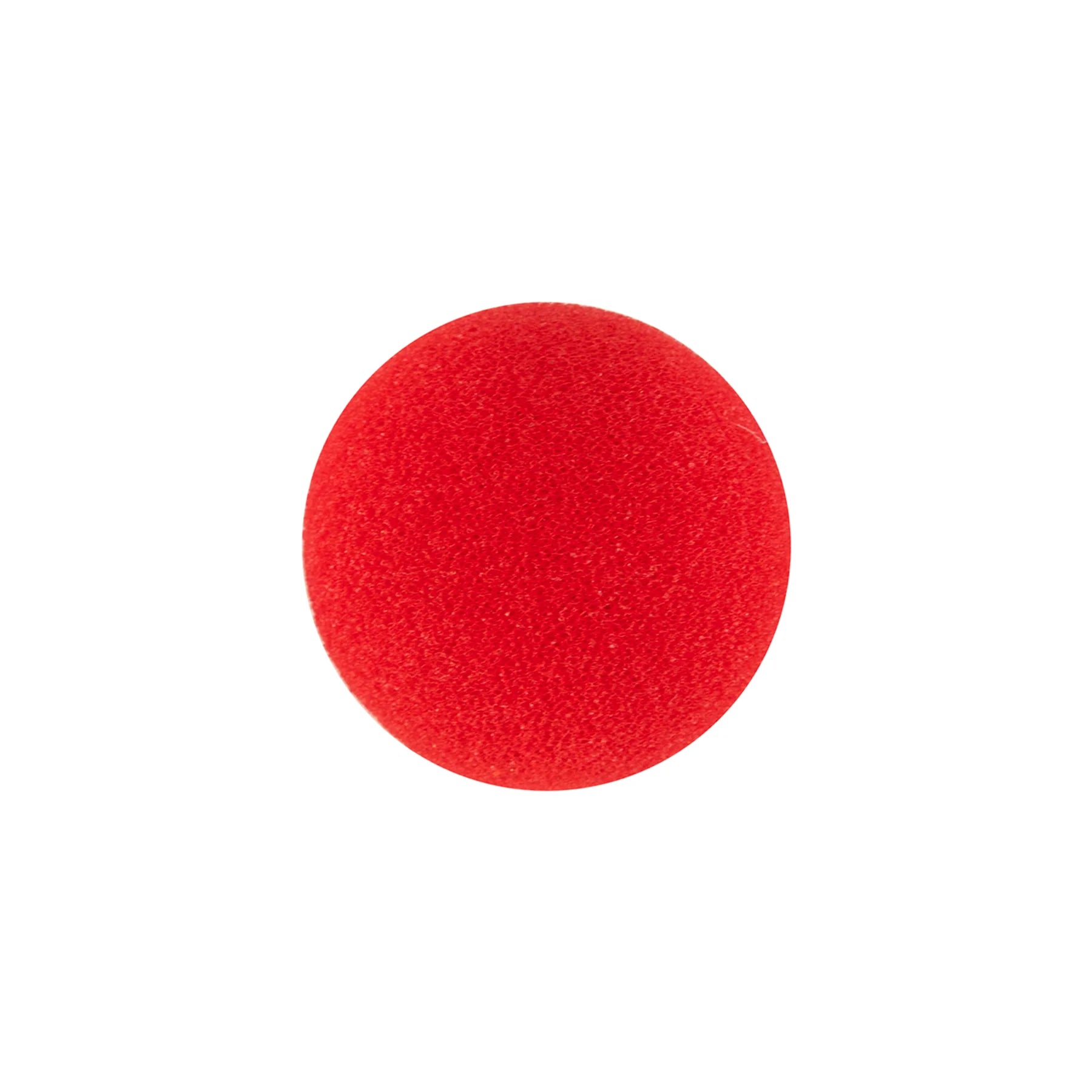 En klassisk röd clownnäsa i skumgummi visas i rund form mot vit bakgrund.