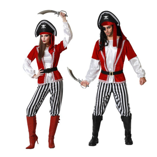 En man och en kvinna poserar tillsammans i matchande Klassiska Röda & Randiga Piratdräkter.
