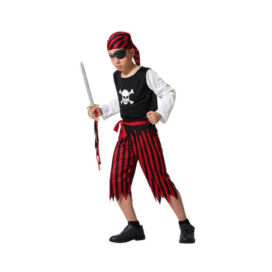 Ett barn poserar i röd- och svart-randig piratdräkt med svärd, ögonlapp och dödskalletryck – perfekt till maskerad eller halloween.