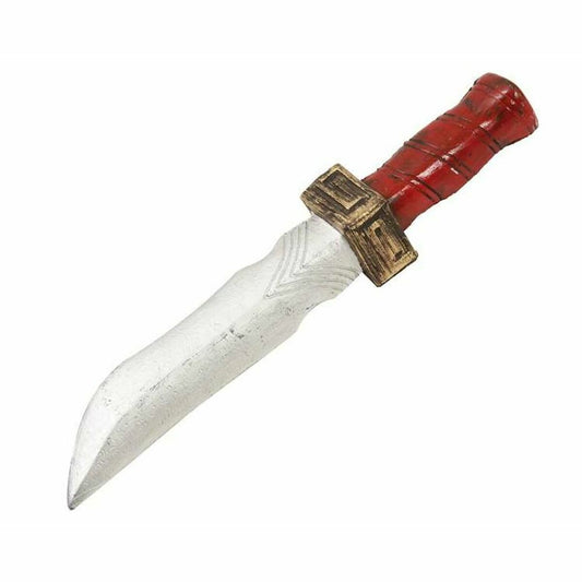 En Klassisk Romersk Dolk i plast med ett slitet, silverfärgat blad och ett rött och guldfärgat handtag.