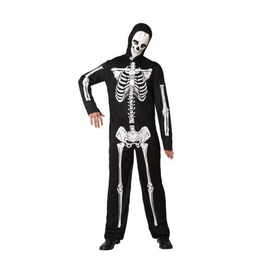 En man poserar i en svart skelett jumpsuit med ett vitt, anatomiskt korrekt skelettryck och en huva med dödskallemask.