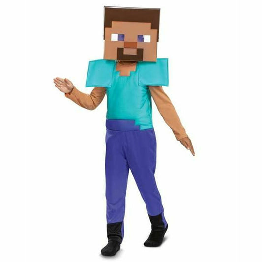 Ett barn poserar i en komplett, officiell Minecraft Steve-dräkt, bestående av en tunika som ser ut som en blå t-shirt med hudfärgade armar, blåa byxor och en fyrkantig Steve-mask.