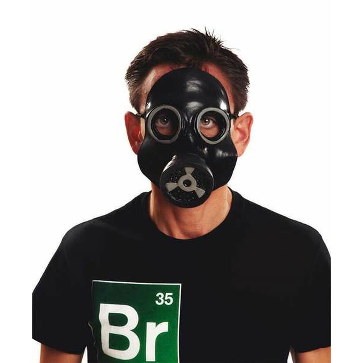En person bär en Klassisk Svart Gasmask i latex, inspirerad av Breaking Bad.