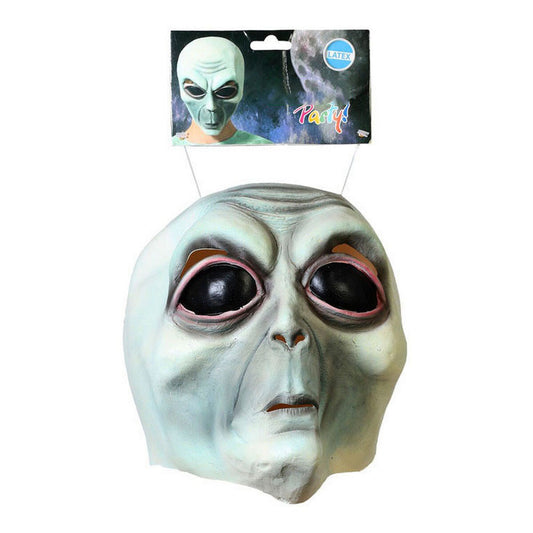 Förpackning med hängande klassisk, heltäckande alienmask i grågrön latex med ett avlångt huvud och stora, svarta, mandelformade ögon.