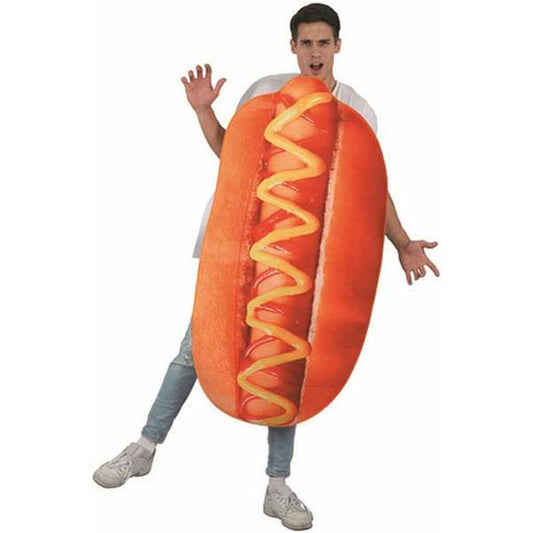 En man med ett chockat ansiktsuttryck bär en Klassisk Varmkorv Maskeraddräkt med ketchup och senap.