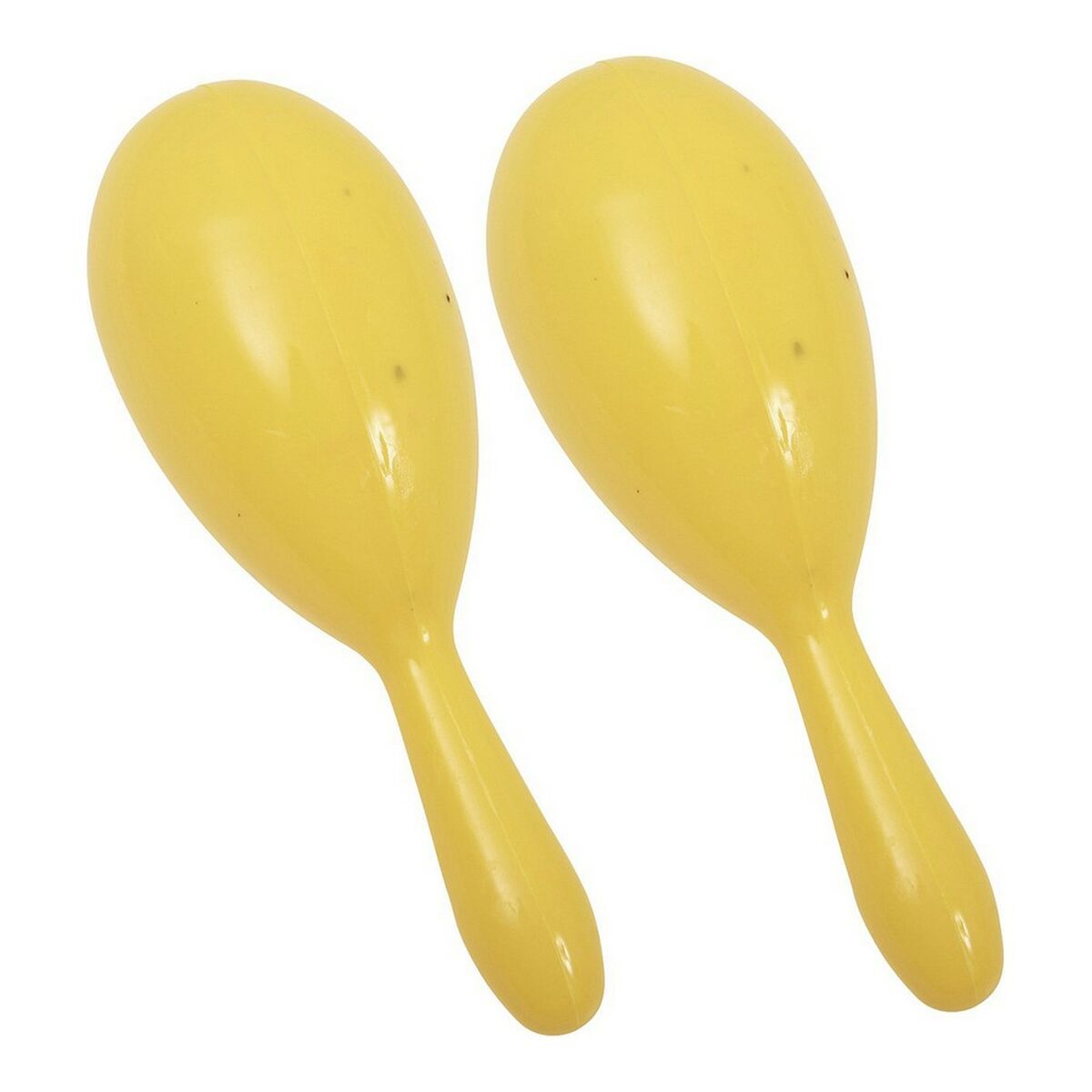 Ett par klassiska gula plast-maracas, redo att skakas för att skapa feststämning.