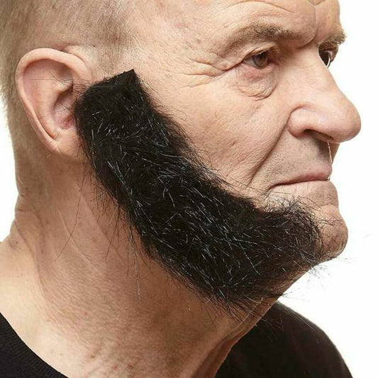 En man i profil visar upp ett par tjocka, svarta och välansade löspolisonger, perfekta för en polis- eller 70-tals-look.