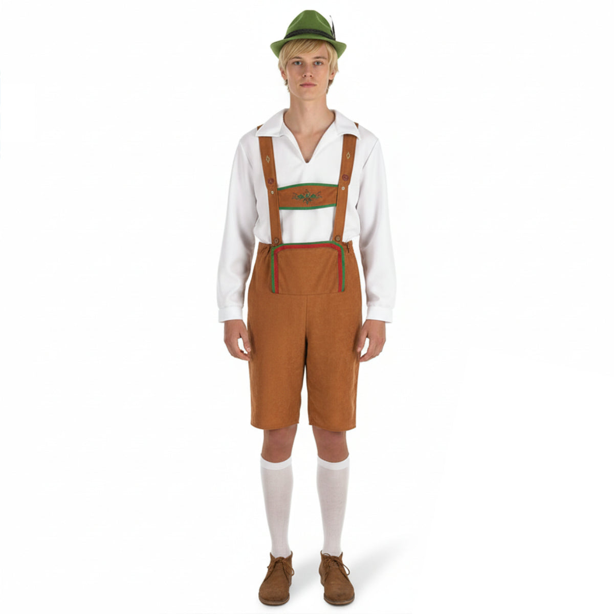 En man poserar i ett klassiskt brunt tyroler-set med lederhosen, vit skjorta och en grön tyrolerhatt.