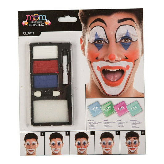 En förpackning med ett vuxensmink-set som visar en man med en komplett och glad, klassisk clown-ansiktsmålning.