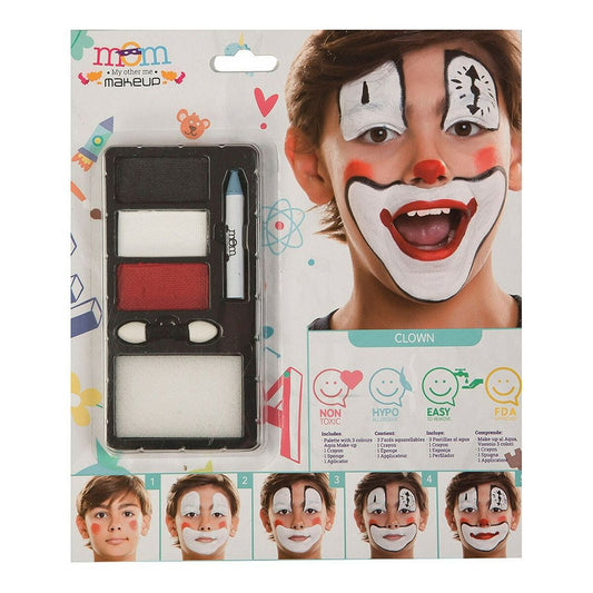 En förpackning med ett barnsmink-set för clowner, som visar en leende pojke med en komplett och glad clown-ansiktsmålning.