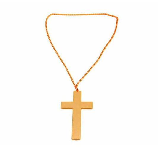 Ett klassiskt, gyllene kors i plast som hänger i en guldfärgad kedja, perfekt som accessoar för en präst- eller nunnedräkt.