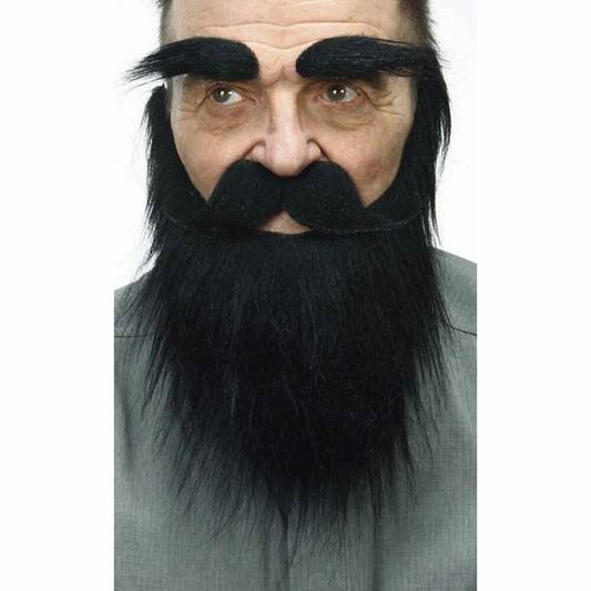En man bär ett komplett lösskägg-set i svart, bestående av ett stort skägg, en tjock mustasch och överdrivet buskiga, arga ögonbryn.