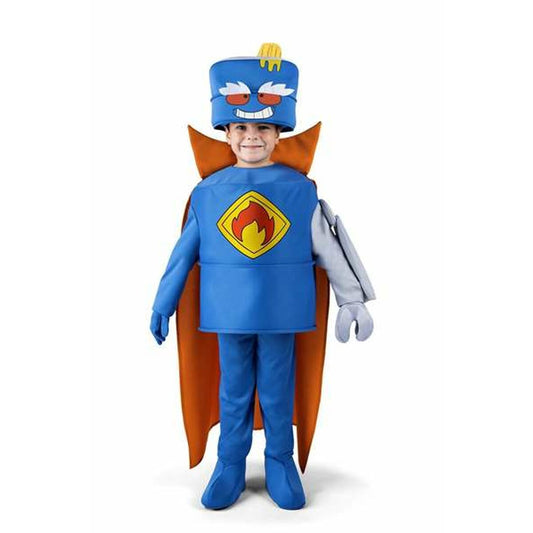 Ett barn klätt i en komplett Mr King maskeraddräkt från SuperThings, som visar den blå dräkten, robothanden och den karaktäristiska hjälmen.
