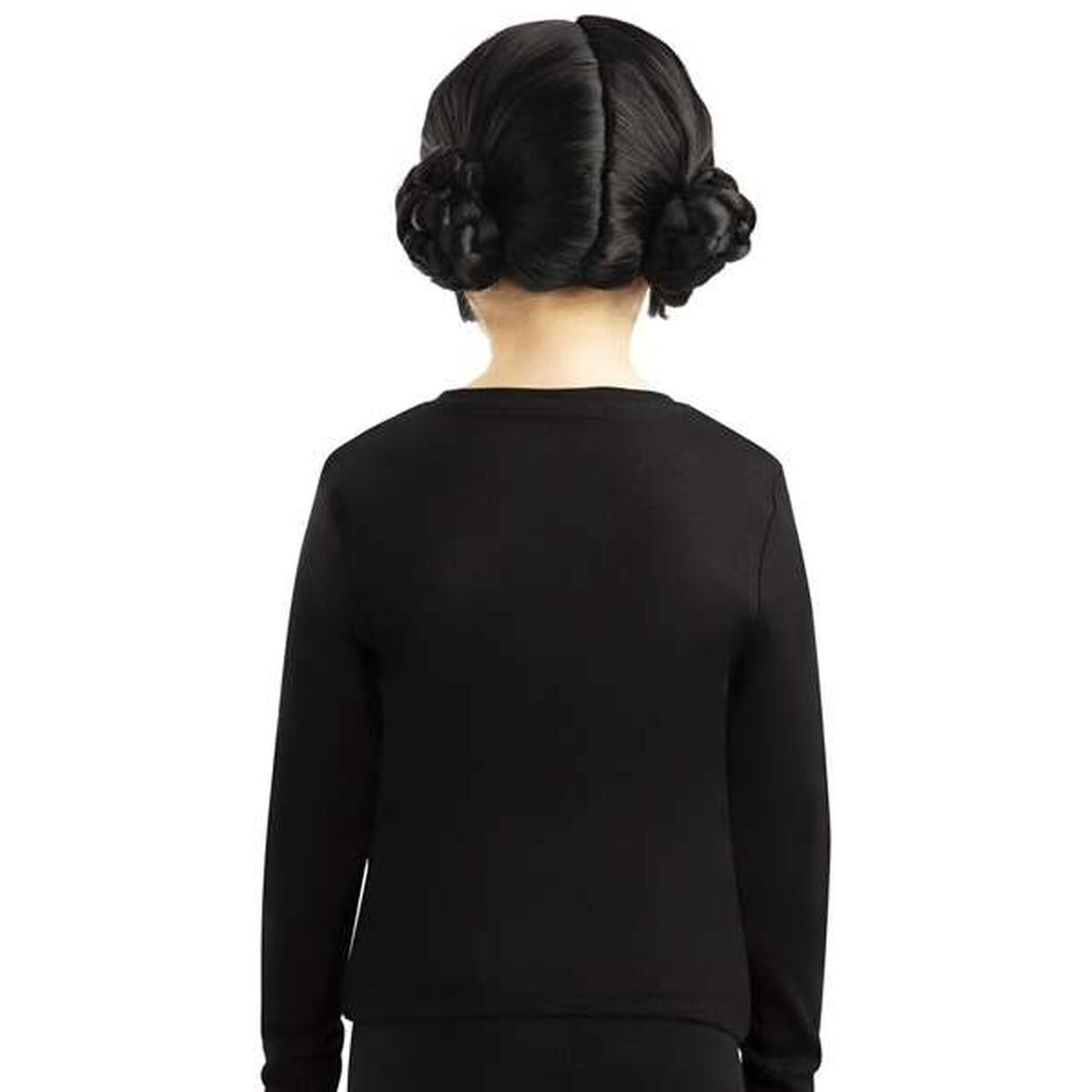 Detaljbild av baksidan på den svarta maskeradperuken som visar de flätade detaljerna i hårbullarna.