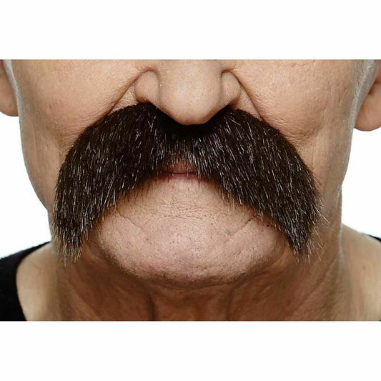 Närbild på en man som bär en stor, mörkbrun eller svart, yvig mustasch som täcker överläppen och hänger ner på sidorna.