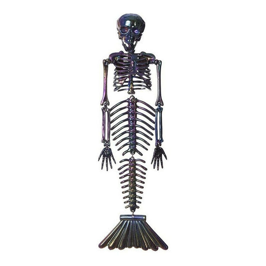 Kromad skelett-sjöjungfru i metallicfinish med benstruktur och fiskstjärt, 37 cm lång dekoration för Halloween eller undervattenstema.