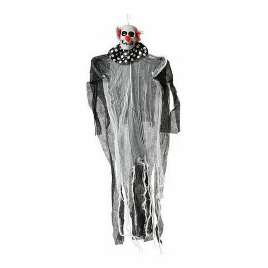 En kuslig, hängande dekoration i form av en clown-vålnad med ett skeletthuvud, prickig krage och en trasig, svartvit dräkt.