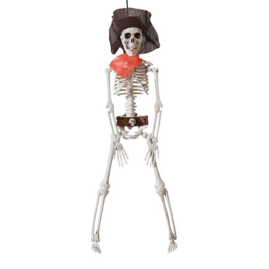 Ett kusligt, hängande skelett utklätt till en cowboy med hatt, bandana och ett bälte med dödskalle.