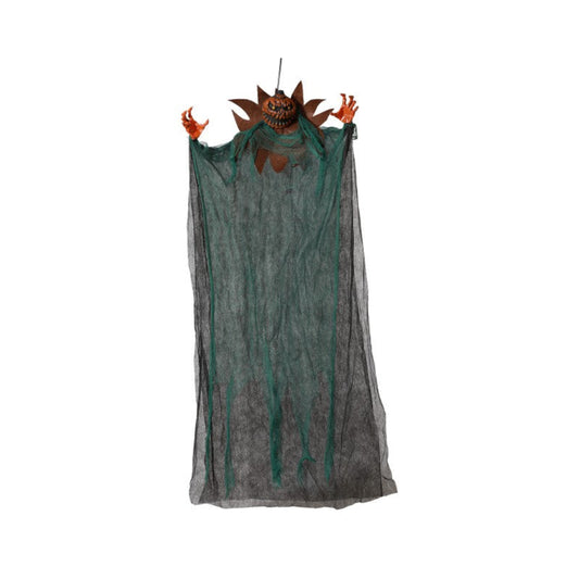 En lång, hängande Halloweendekoration i form av en Kuslig Pumpa-Vålnad med ett ondskefullt ansikte och långa, mörka tygremsor.