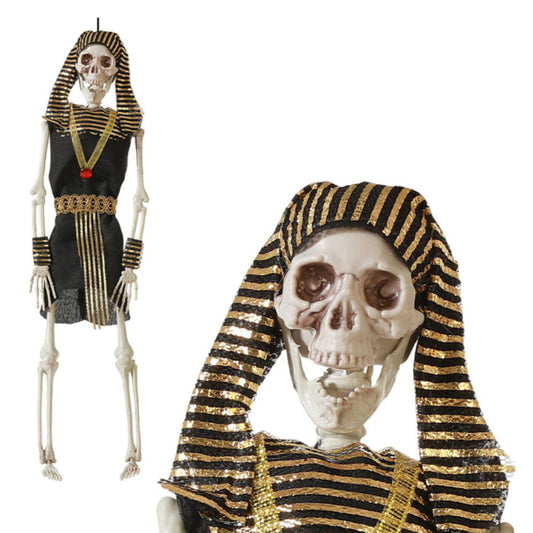 En närbild på det kusliga Farao-skelettet, bredvid en bild som visar hela den hängande dekorationen.