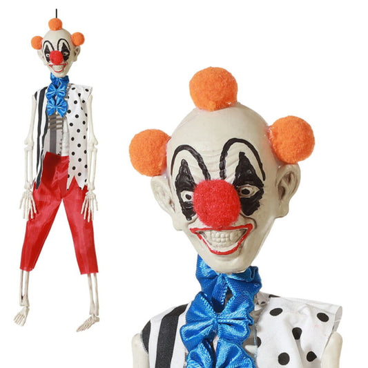 Det kompletta, hängande cirkus-skelettet med clownkläder och en närbild på det läskiga, leende clownansiktet.