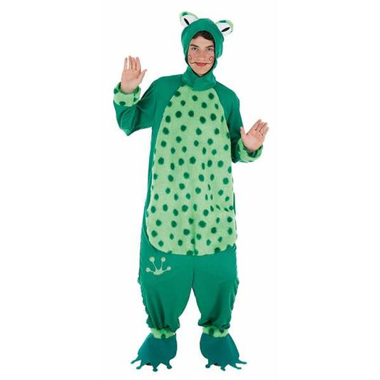 En man vinkar glatt, iklädd en komplett och mysig, grön grod-jumpsuit med en rolig huva med grod-ansikte och prickig mage.
