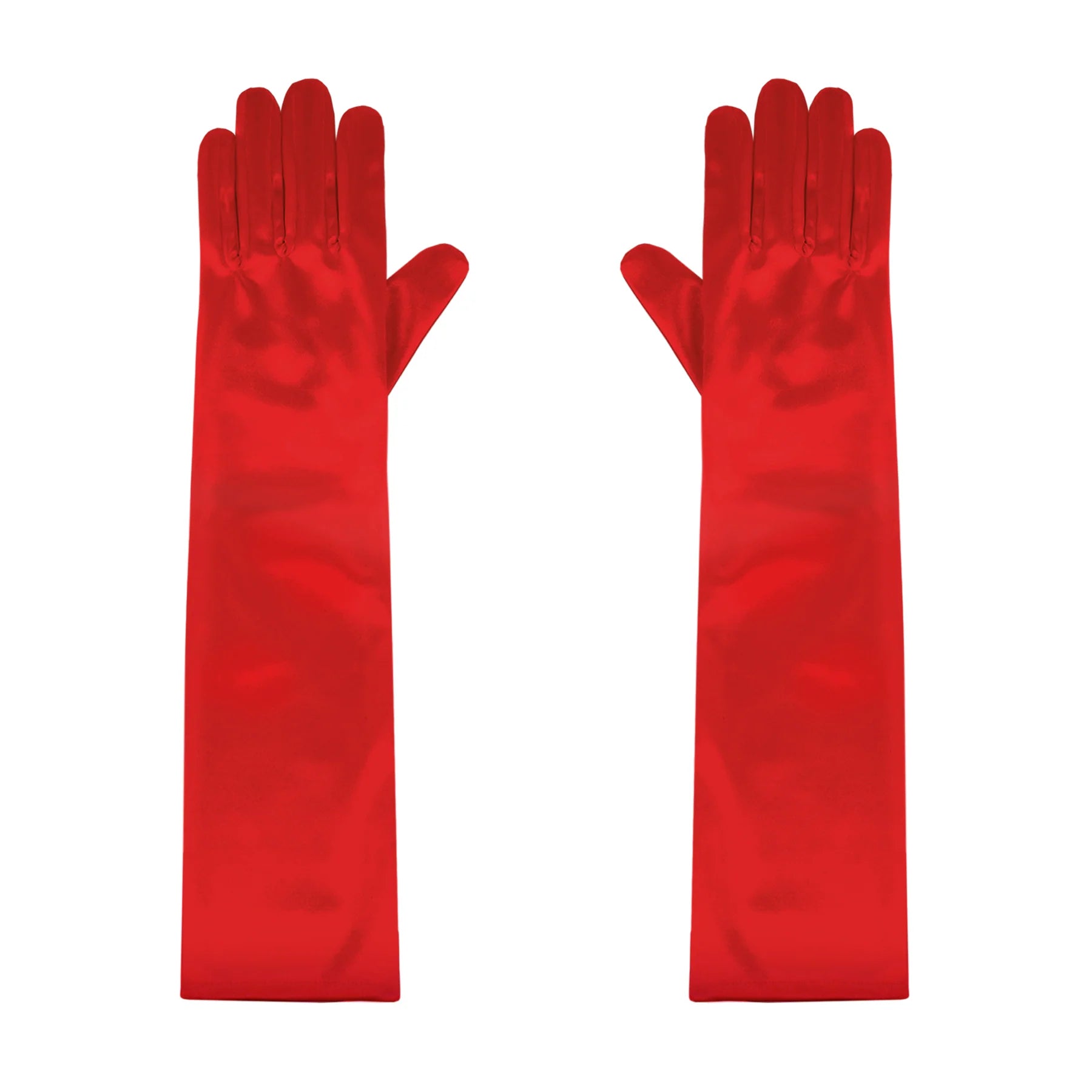 Ett par eleganta långa röda satinhandskar som ligger platt bredvid varandra mot en vit bakgrund.