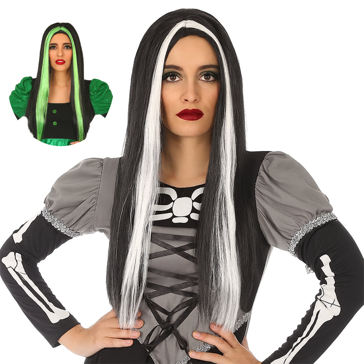 Collage med lång svart peruk med vita eller gröna slingor – perfekt till häxa eller vampyr