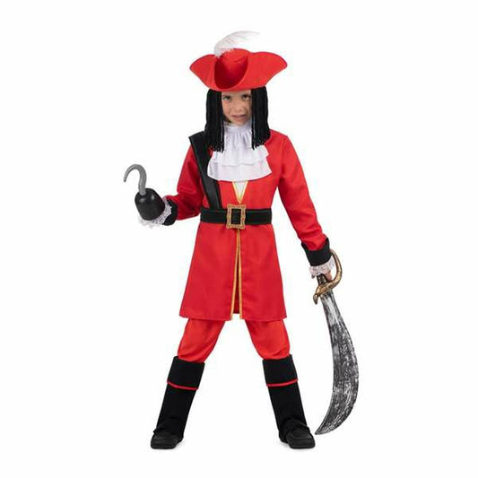 Ett barn i en komplett Kapten Krok-dräkt håller både i den klassiska kroken och ett stort piratsvärd.