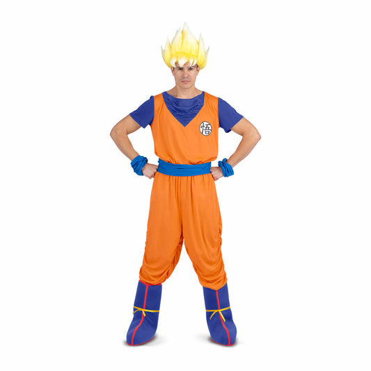 En man poserar i en komplett, legendarisk Goku-dräkt för herr med en gul Super Saiyan-peruk.