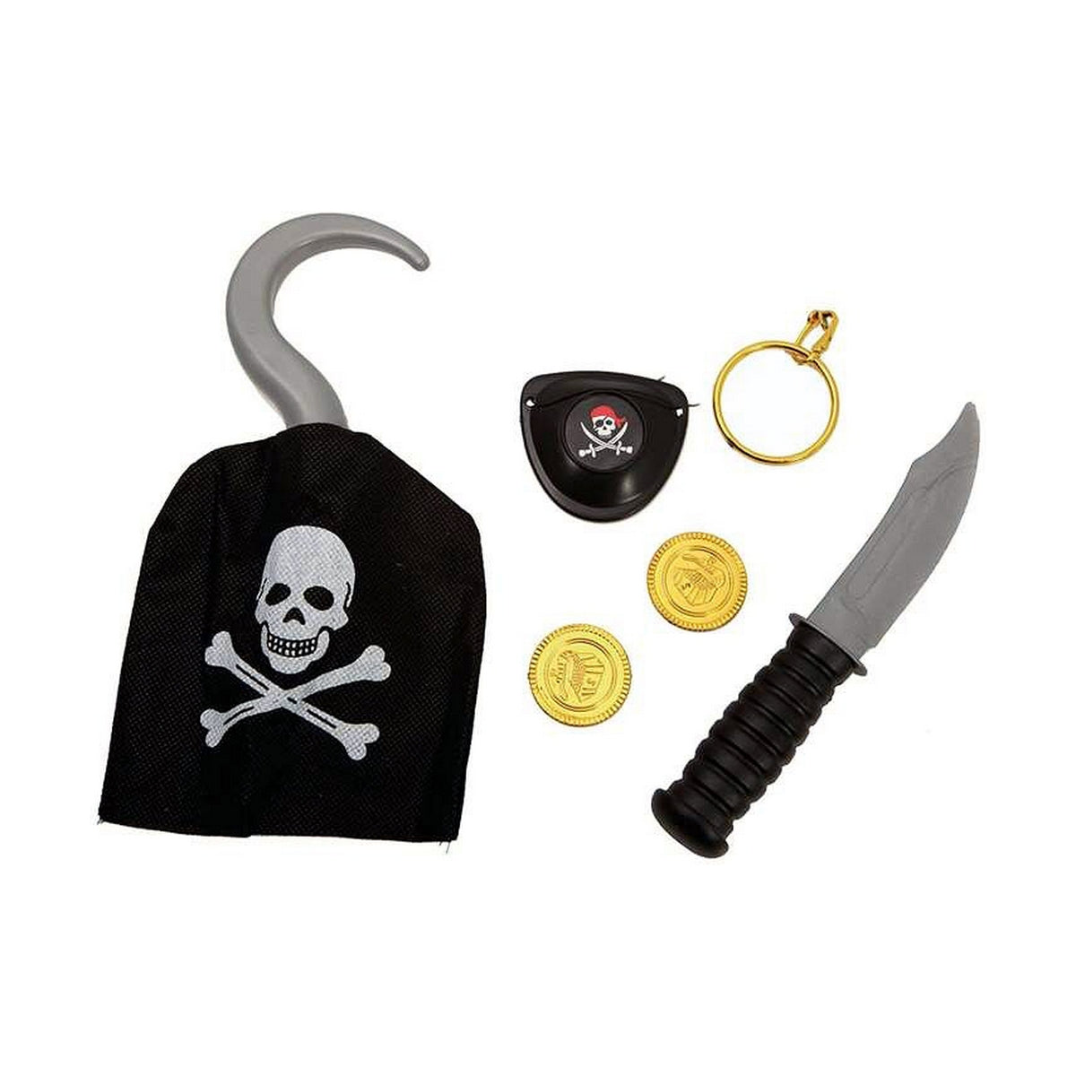 Ett komplett pirat-leksakskit med fem delar: en krokhand med dödskalle, en ögonlapp, ett guldörhänge, två guldmynt och en leksaksdolk.