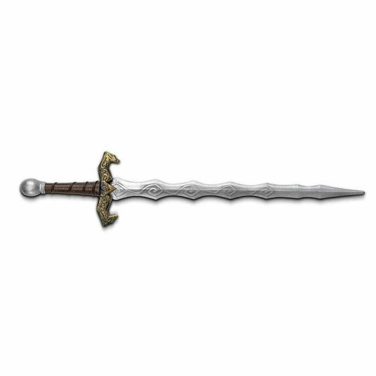 Ett Legendariskt Utsmyckat Vikingasvärd i plast med ett vågigt, silverfärgat blad och ett utsmyckat, bronsfärgat fäste.