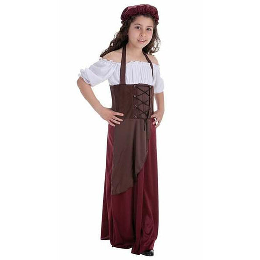 En ung flicka klädd i en lång värdshuspiga-dräkt med vinröd kjol, brunt korsettliv, vit off-shoulder-blus och en matchande hätta.