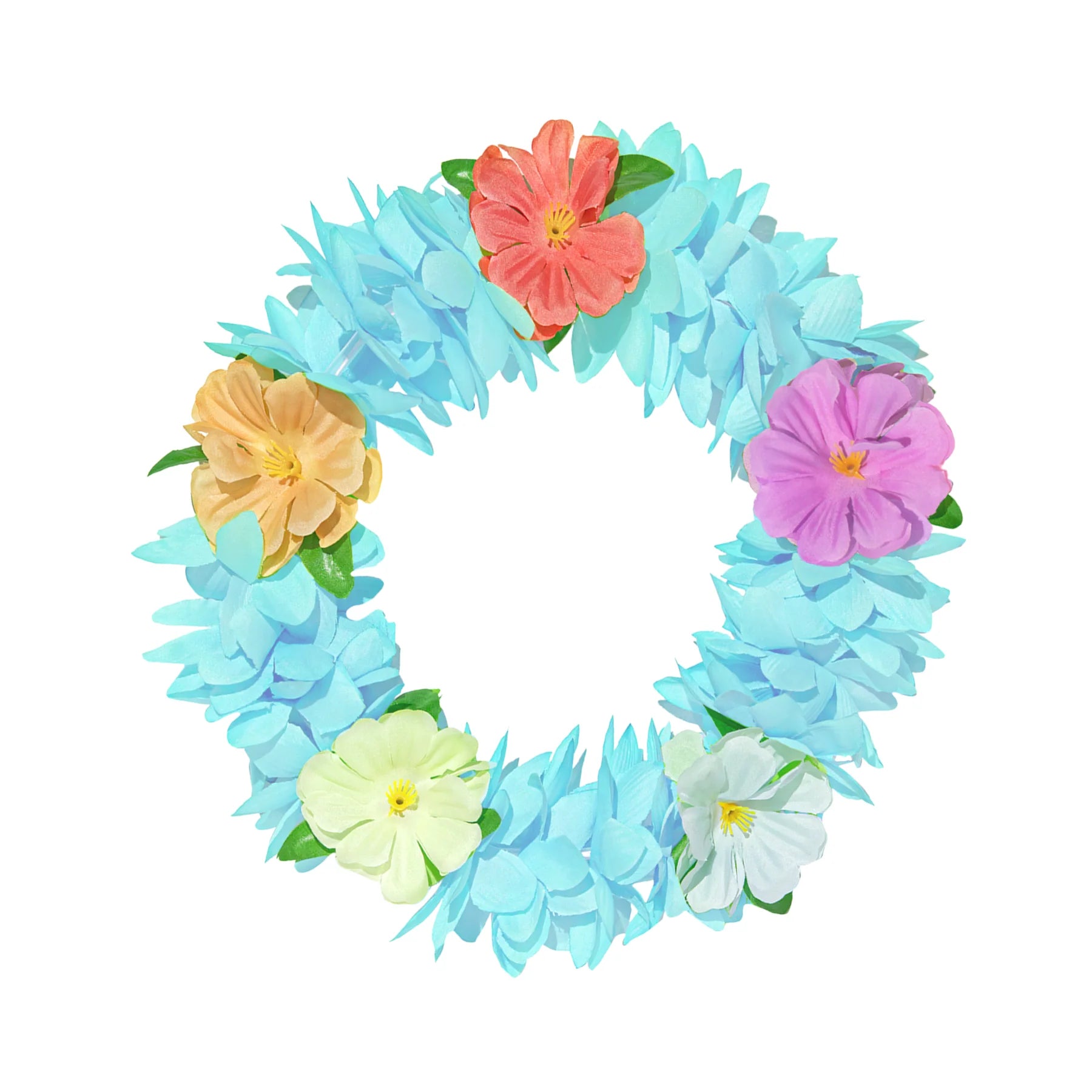 En ljusblå blomsterkrans med elastiskt pannband och färgade tygblommor i korall, lila, vitt och gult mot vit bakgrund.