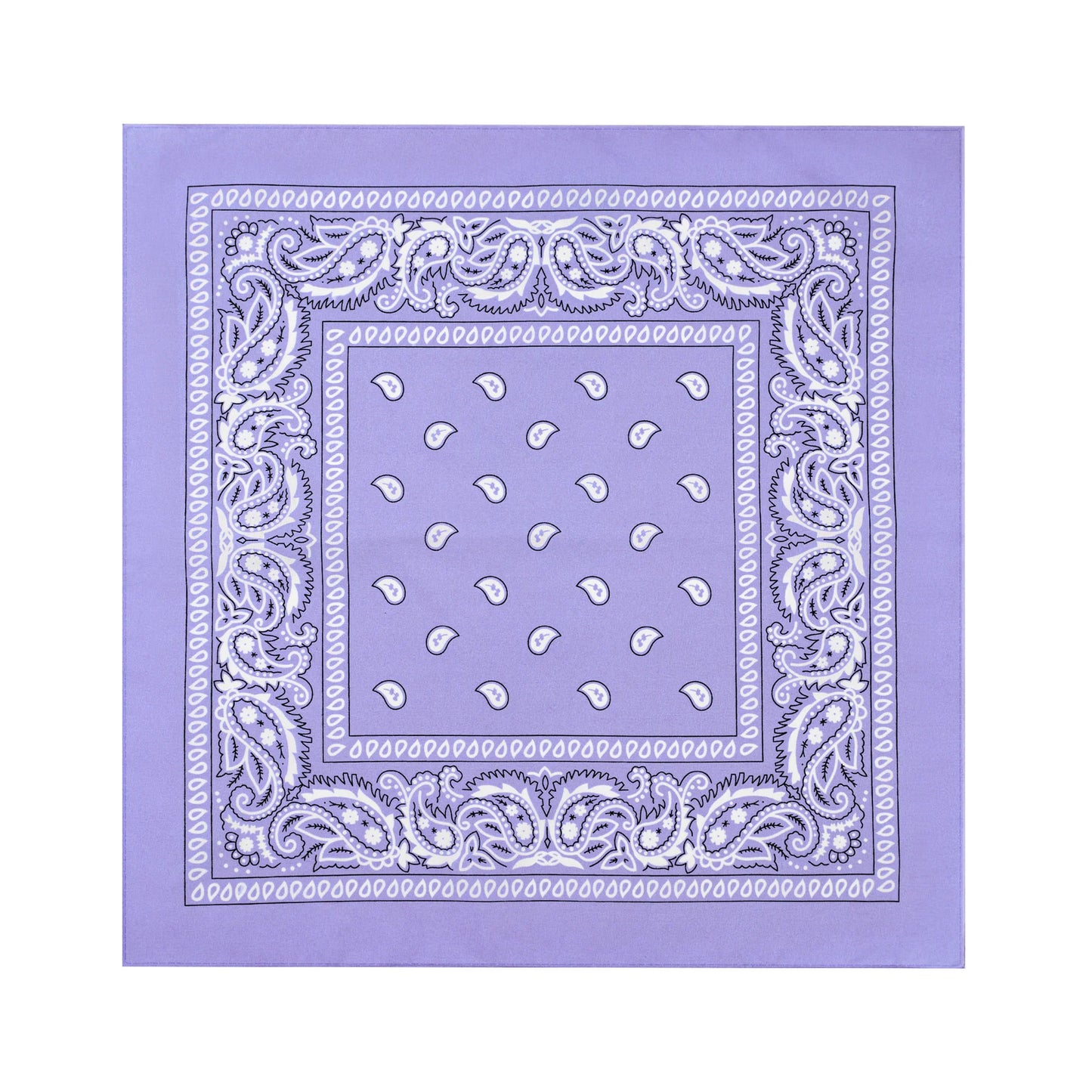 En ljuslila bandana ligger utvikt mot vit bakgrund och visar sitt kvadratiska format, paisleymönster och dekorativa kant.