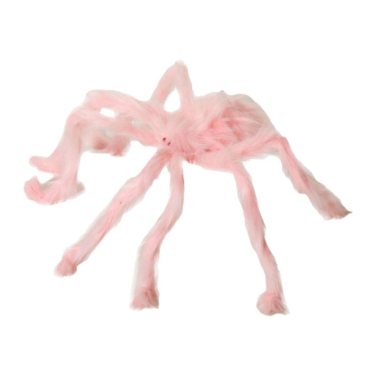 En stor, ljusrosa och fluffig spindel med ställbara ben och små röda ögon.