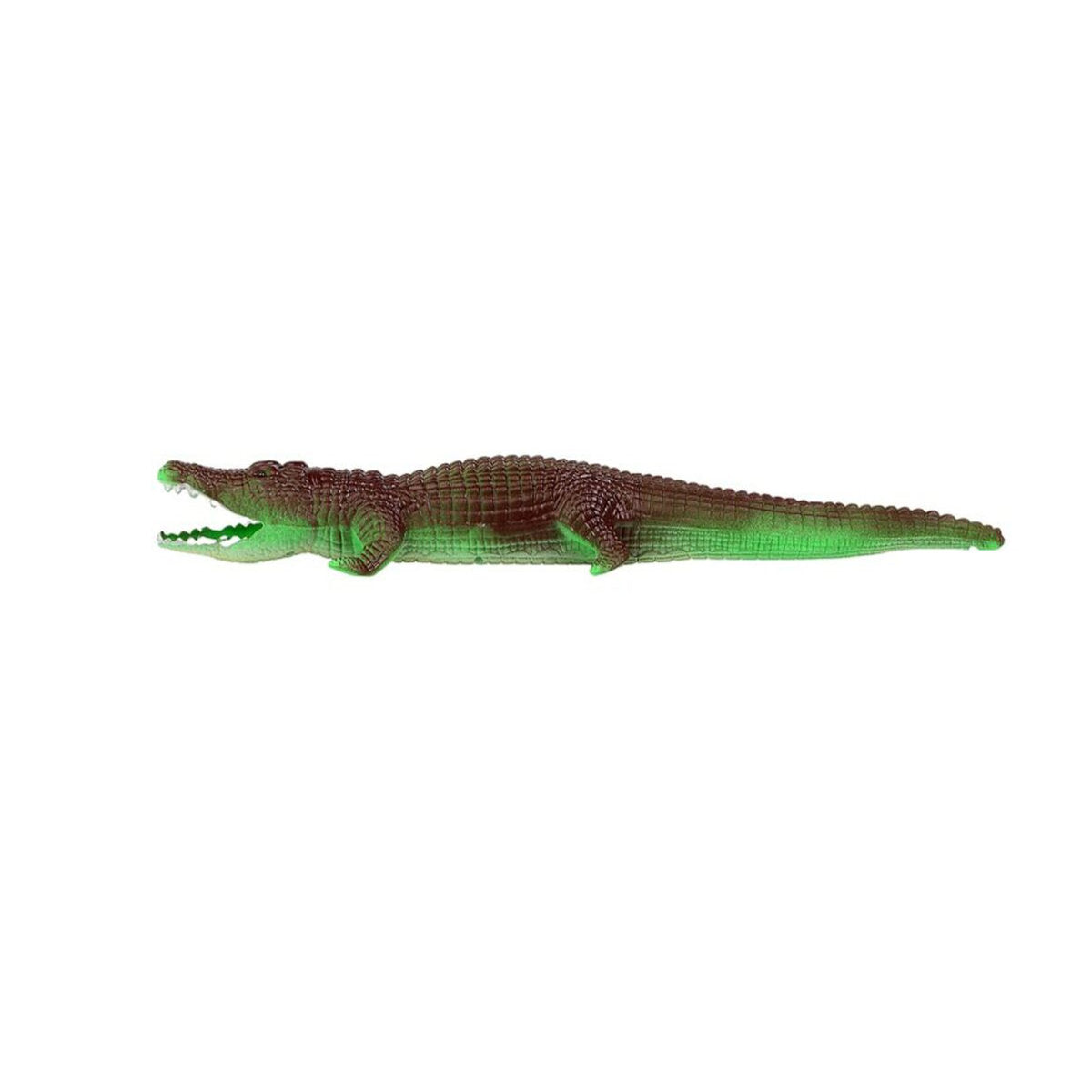 En bild som visar en vattensprutande krokodil hel och med svansen intryckt.