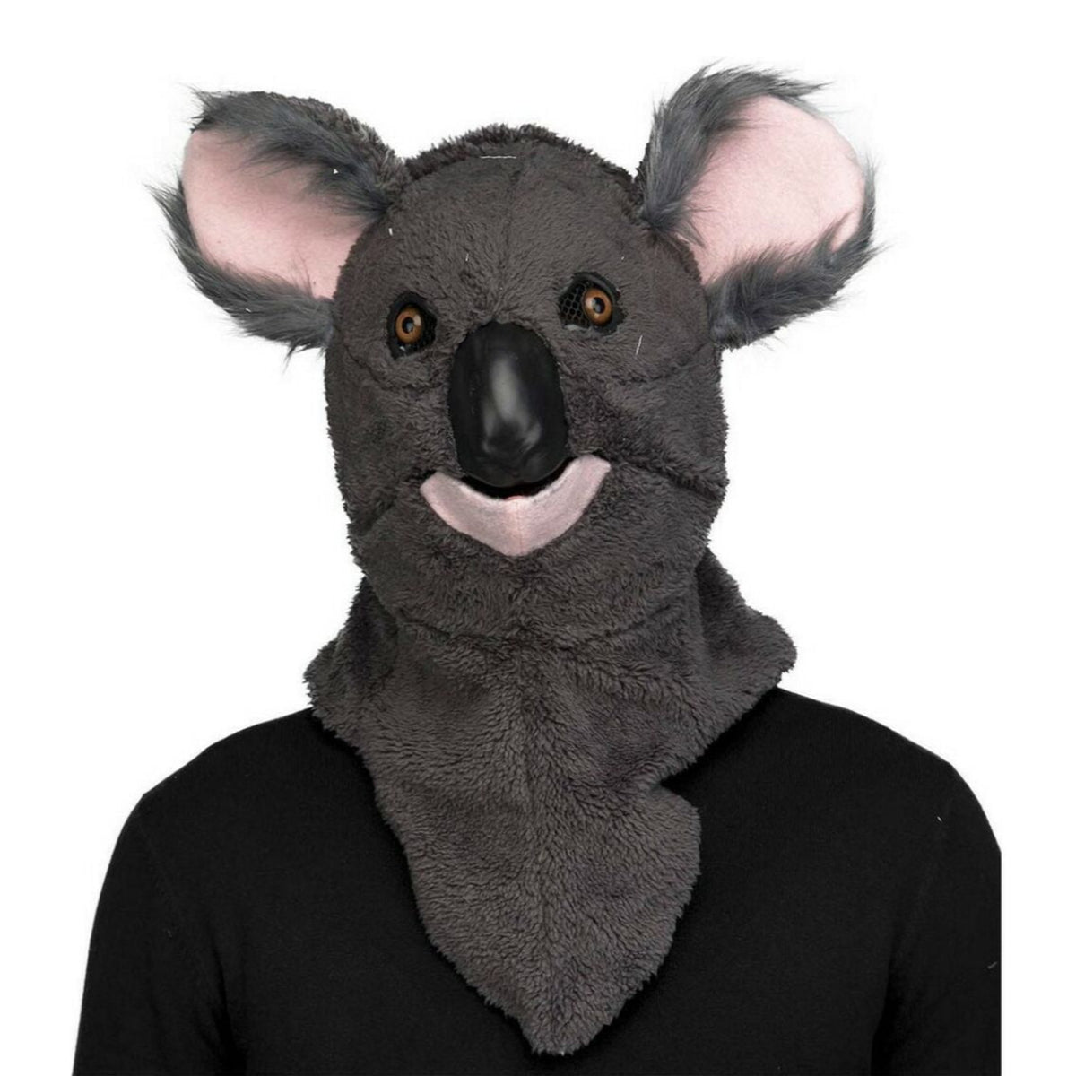 En person bär en Lyxig Koalamask i grått, mjukt tyg, med stora öron och en rörlig käke.