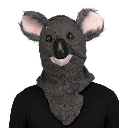 En person bär en Lyxig Koalamask i grått, mjukt tyg, med stora öron och en rörlig käke.