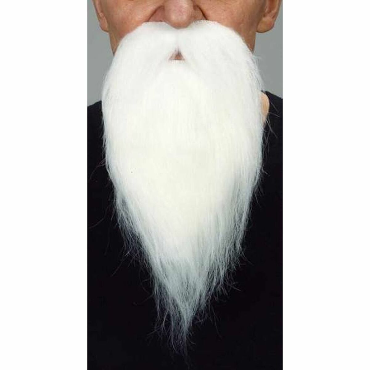 En närbild på en man som bär ett stort, vitt, fluffigt lösskägg med en spetsig nedre del som täcker mun och haka.
