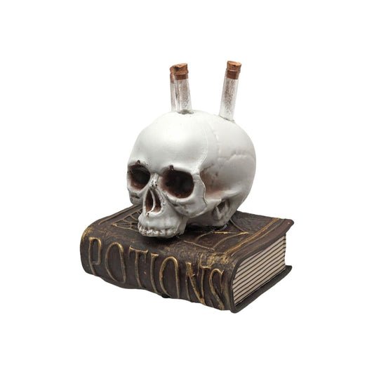 En Magisk Alkemi-Dödskalle som vilar på en gammal bok med texten 'Potions', med tre provrör som sticker upp ur hjässan.