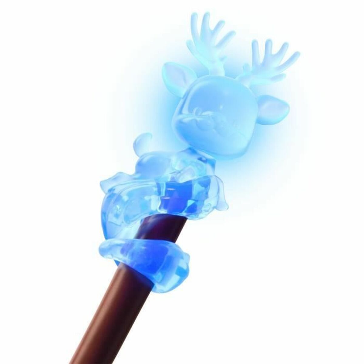 En närbild på den blåa Patronus-figuren som lyser.