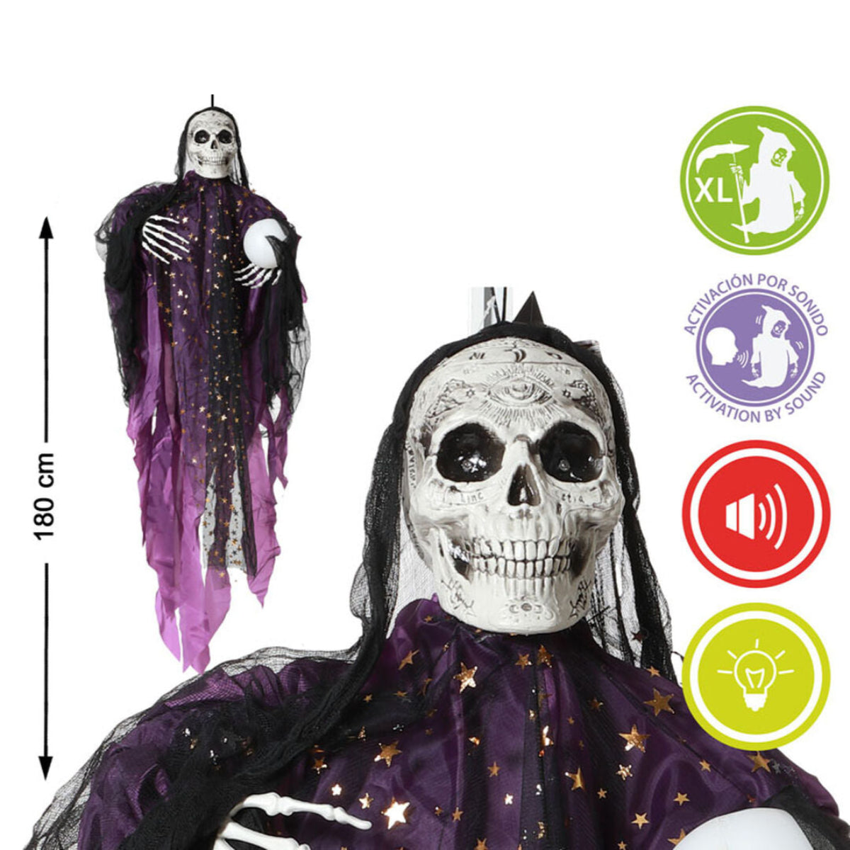 Ett stort, hängande spådomsskelett som visar dess mått på 180 cm och ikoner för dess ljud- och ljusfunktioner.