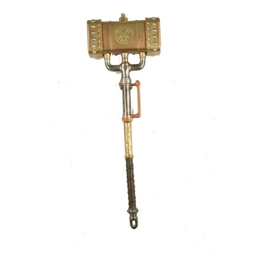 En stor och detaljerad, gyllene leksaksslägga i plast med steampunk-tema, med ett stort fyrkantigt huvud dekorerat med kugghjul och ett utsmyckat handtag.