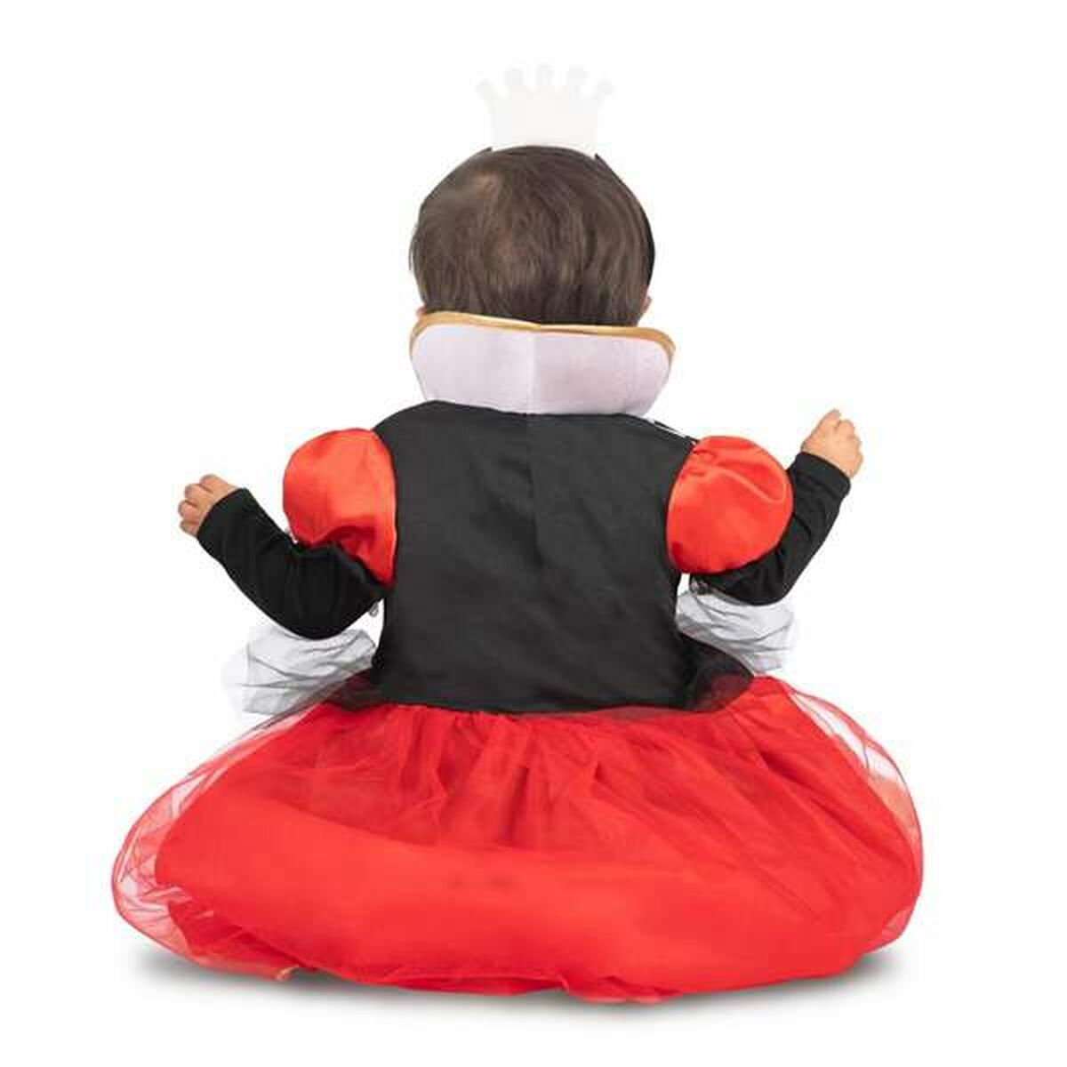 Baksidan av en bebis i Hjärter Dam-dräkten, som visar den svarta överdelen och den fluffiga röda kjolen.